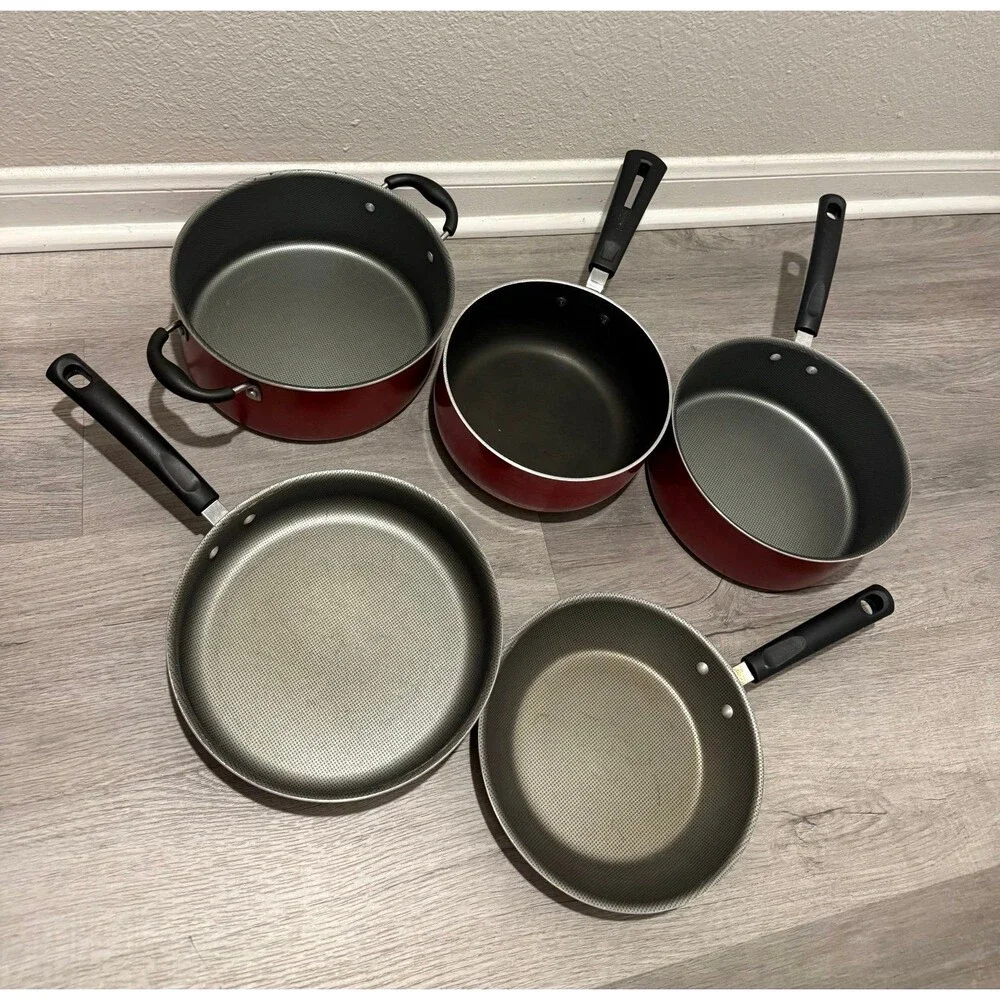 Tramontina 5 Piece Non-Stick Cookware Set, Champagne/ Red + 1 Pc Werever as gift
